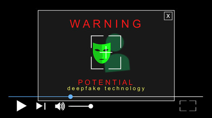 Acronym Deepfake, Deep Fake and false, profound learning. Replacing images using artificial neural networks. Illustration with warning pop-up, alert. Video interface. Media file.