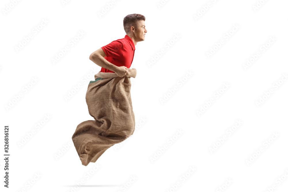 Poster Young guy playing a game with jumping in a sack