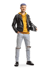 Fototapeta premium Guy with blue hair wearing a leather jacket and holding a helmet