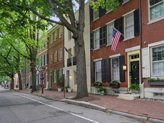 Historic street in Society Hill district of Philadelphia with colonial buildings