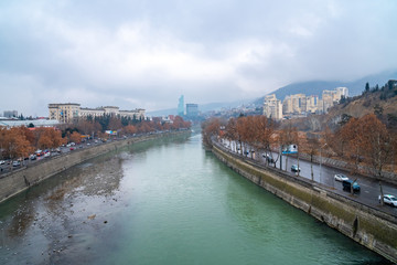 Beautiful view of Kura river from a bridge in Tbilisi