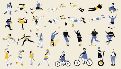 Set of people in sports- baseball, sprint running, football, basketball, Taekwondo, single figure skating, snorkling, biking