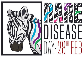 Portrait with Happy Zebra ready for Rare Disease Day, Vector Illustration