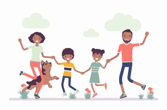 Happy black family enjoying outdoor time with kids and pet. Husband, wife, son, daughter positive team, traditional household, happiness and good relationships. Vector flat style cartoon illustration