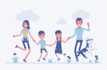 Happy family enjoying outdoor time with kids and a dog pet. Husband, wife, son, daughter positive team, traditional household, happiness and good relationships. Vector flat style cartoon illustration