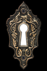 Bright light in the keyhole, decorative design element, isolated on black background