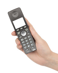 Female hand holds a phone with a blank screen, isolated on white background