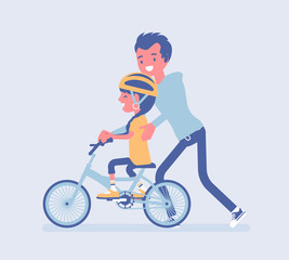 Fototapeta premium Father guiding daughter riding safely bicycle. Girl learning to ride first pedal bike, beginning rider training stability for cycling with dad support and help. Vector flat style cartoon illustration