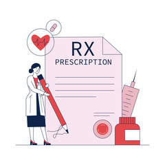 Pharmacist signing drug prescription flat vector illustration. Pharmaceutical painkiller medication RX prescription for sick patient. Pharmacy, healthcare, and medicine concept.