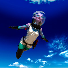 Fototapeta na wymiar girl from another planet is flying up on the blue sky
