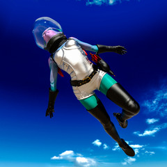 Fototapeta na wymiar girl from another planet is flying bottom view on the blue sky