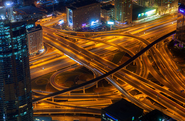 night dubai traffic junction aerial