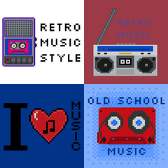 Set of 8bit pixel art cassette deck, radio retro music style signs