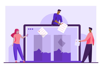 Internet or electronic voting. Man throwing forms into ballot box on laptop display flat vector illustration. Election campaign, poll, democracy concept for banner, website design or landing web page