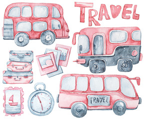 Big set of travel clipart. A cartoon watercolor hand painted illustration on white. Cute set: bus, pictures, bags, clocks.