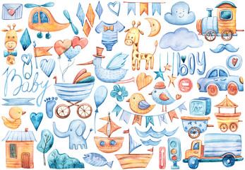 Fototapeta premium Big set of girl's and boy's colored clipart. A cartoon watercolor hand painted illustration on white. Kids toys baby shower set:giraffe, elephant, birds, clouds, stork, hearts, ship, cars, airplane.