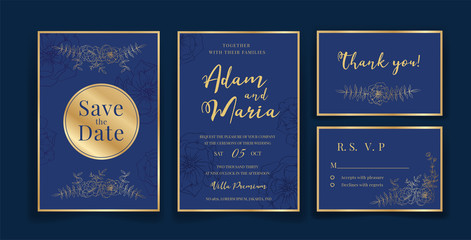 blue Wedding invitation card template set with hand drawn outline floral frame and border. Flowers decoration for save the date, greeting, rsvp, poster, cover,  Botanic illustration premium vector