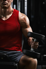 Young sports athlete fitness model, in the sports hall shakes biceps dumbbells portrait shot....
