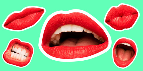 Collage in magazine style with female lips on bright mint background. Smiling, mouthes screaming, scratching, different emotions. Modern design, creative artwork, style, human emotions concept.
