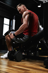 Young sports athlete fitness model in the gym shakes his biceps with dumbbells. Sports motivation, low key, high contrast. The concept of a healthy lifestyle, life movement, copy space.