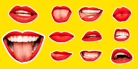 Collage in magazine style with female lips on bright yellow background. Smiling, mouthes screaming, scratching, different emotions. Modern design, creative artwork, style, human emotions concept.