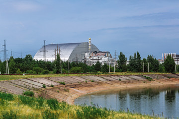 Nuclear reactor of Chernobyl power plant next to Pripyat river, 4th reactor with sarcophagus...