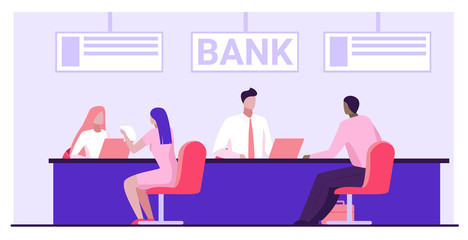 Bank workers providing service to clients. Customers consulting credit managers flat vector illustration. Banking, loan, office, finance concept for banner, website design or landing web page