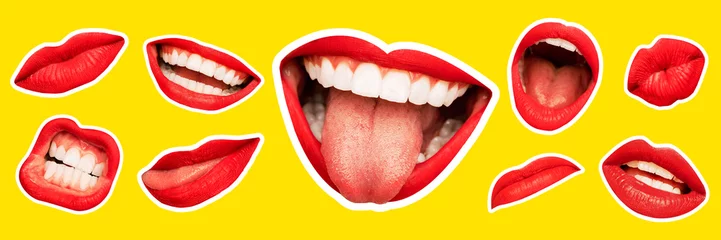 Fotobehang Collage in magazine style with female lips on bright yellow background. Smiling, mouthes screaming, scratching, different emotions. Modern design, creative artwork, style, human emotions concept. © master1305