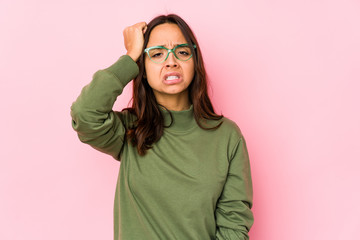 Young mixed race hispanic woman isolated tired and very sleepy keeping hand on head.