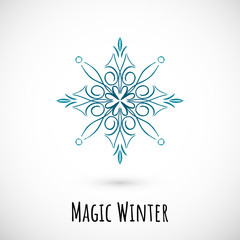 Winter hand draw blue snowflake icon, vector doodle design.