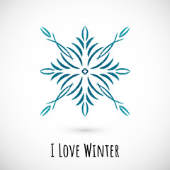 Winter hand draw blue snowflake icon, vector doodle design.