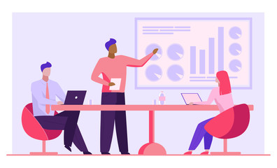 Manager presenting report to colleagues. Business team discussing graphs flat vector illustration. Analysis, marketing, teamwork concept for banner, website design or landing web page