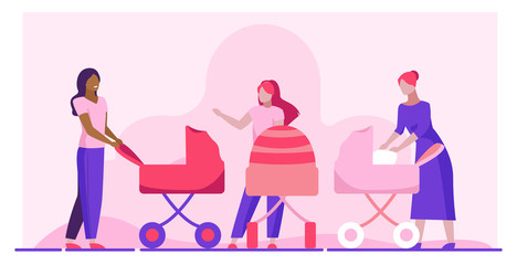 Walking new mothers. Young women with baby strollers talking outside flat vector illustration. Motherhood, communication concept for banner, website design or landing web page