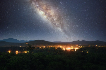 Milky way over Saranac Lake in Adirondack Mountains, New York