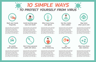 ten simple ways to protect yourself from virus infographic, healthcare and medical about flu and prevention, vector flat symbol icon, layout, template illustration in horizontal design