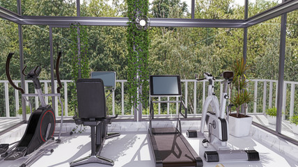 Room with veranda used as a fitness room with exercise bike and treadmill, 3d illustration, 3d rendering
