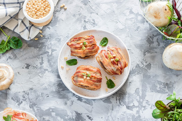 Baked mushrooms stuffed with cheese and pine nuts