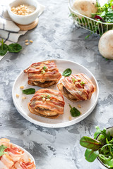 Baked mushrooms stuffed with cheese and pine nuts
