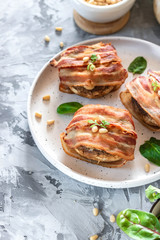 Baked mushrooms stuffed with cheese and pine nuts