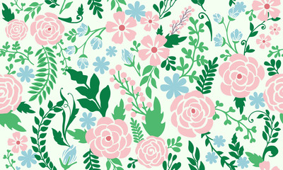 Beautiful pink rose flower for spring, with leaf and floral pattern background.