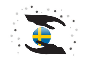 Hand holding Sweden flag in cycle symbol, Protect Swedish people from coronavirus  or COVID-19 concept, Save Sweden, sign symbol background, vector illustration. 