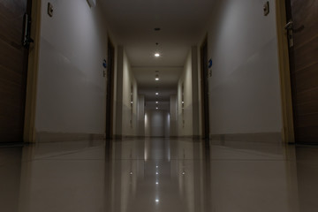 Spacious hallway with many doors leading into condominium rooms. Selective focus.