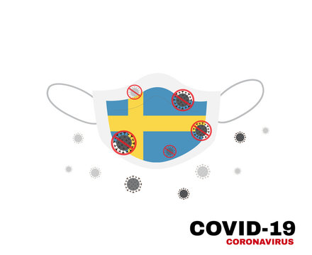 Medical face mask with symbol of Sweden flag to protect Swedish people from coronavirus or Covid-19, virus outbreak protection concept, sign symbol background, vector illustration 