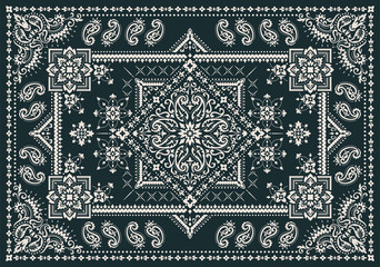 Rectangular Bandana Print vector design for rug, carpet, tapis, shawl, towel, textile, yoga mat. Neck scarf or kerchief pattern design. Traditional ornamental ethnic pattern with paisley and flowers. - 326837375