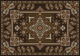 Rectangular Bandana Print vector design for rug, carpet, tapis, shawl, towel, textile, yoga mat. Neck scarf or kerchief pattern design. Traditional ornamental ethnic pattern with paisley and flowers. - 326837384