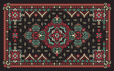 Rectangular Bandana Print vector design for rug, carpet, tapis, shawl, towel, textile, yoga mat. Neck scarf or kerchief pattern design. Traditional ornamental ethnic pattern with paisley and flowers. - 326837551