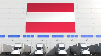 Electric semi-trailer trucks at warehouse loading bay with flag of AUSTRIA. Austrian logistics related conceptual 3D animation - Powered by Adobe