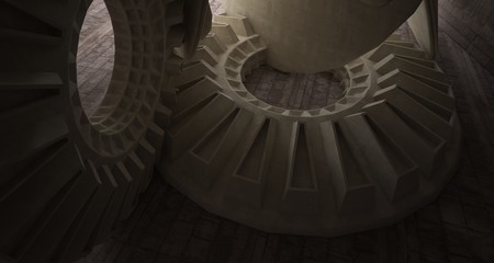 Architectural background. Abstract concrete interior with smooth discs. 3D illustration and rendering.