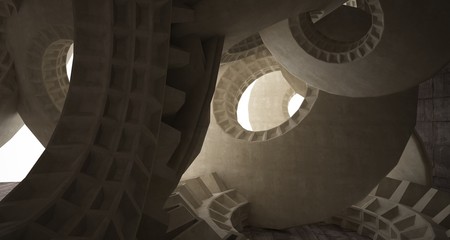 Architectural background. Abstract concrete interior with smooth discs. 3D illustration and rendering.