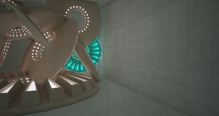 Abstract architectural background interior made of wood, concrete and glass. Neon lighting. 3D illustration and rendering